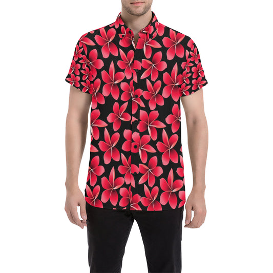 Red Plumeria Pattern Print Design PM025 Men's Short Sleeve Button Up Shirt