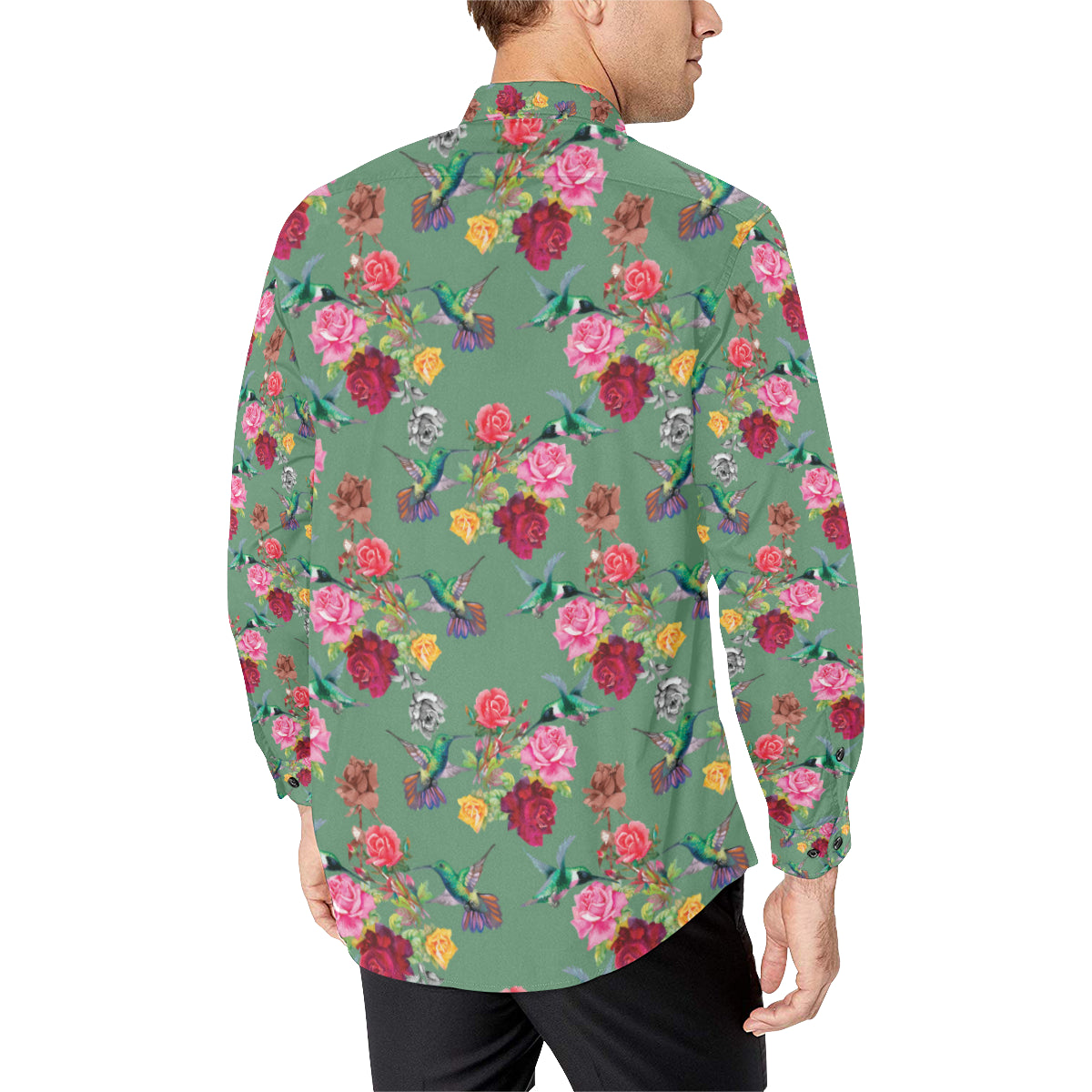 Hummingbird with Rose Themed Print Men's Long Sleeve Shirt