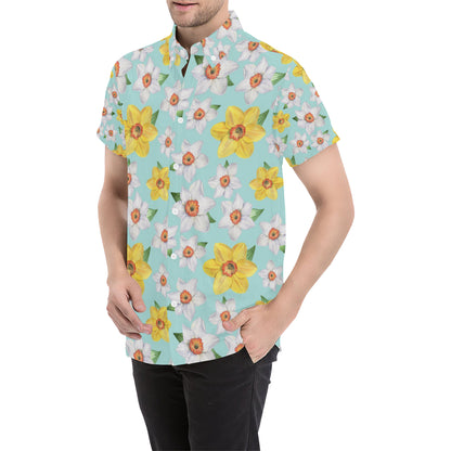 Daffodils Pattern Print Design DF07 Men's Short Sleeve Button Up Shirt