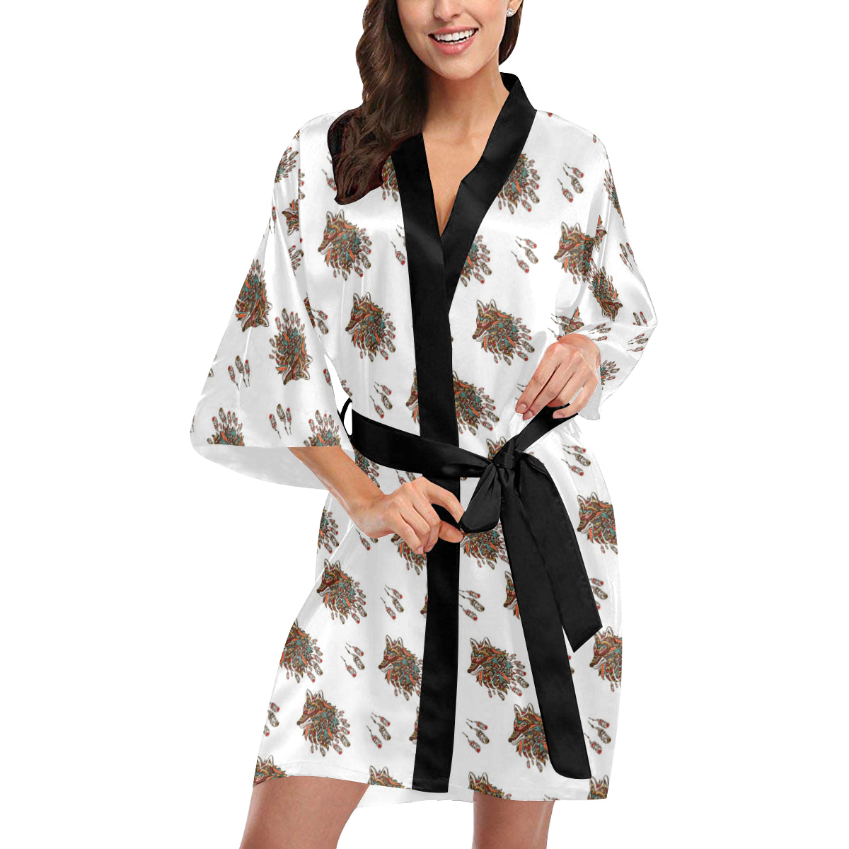 Aztec Wolf Pattern Print Design 02 Women's Short Kimono