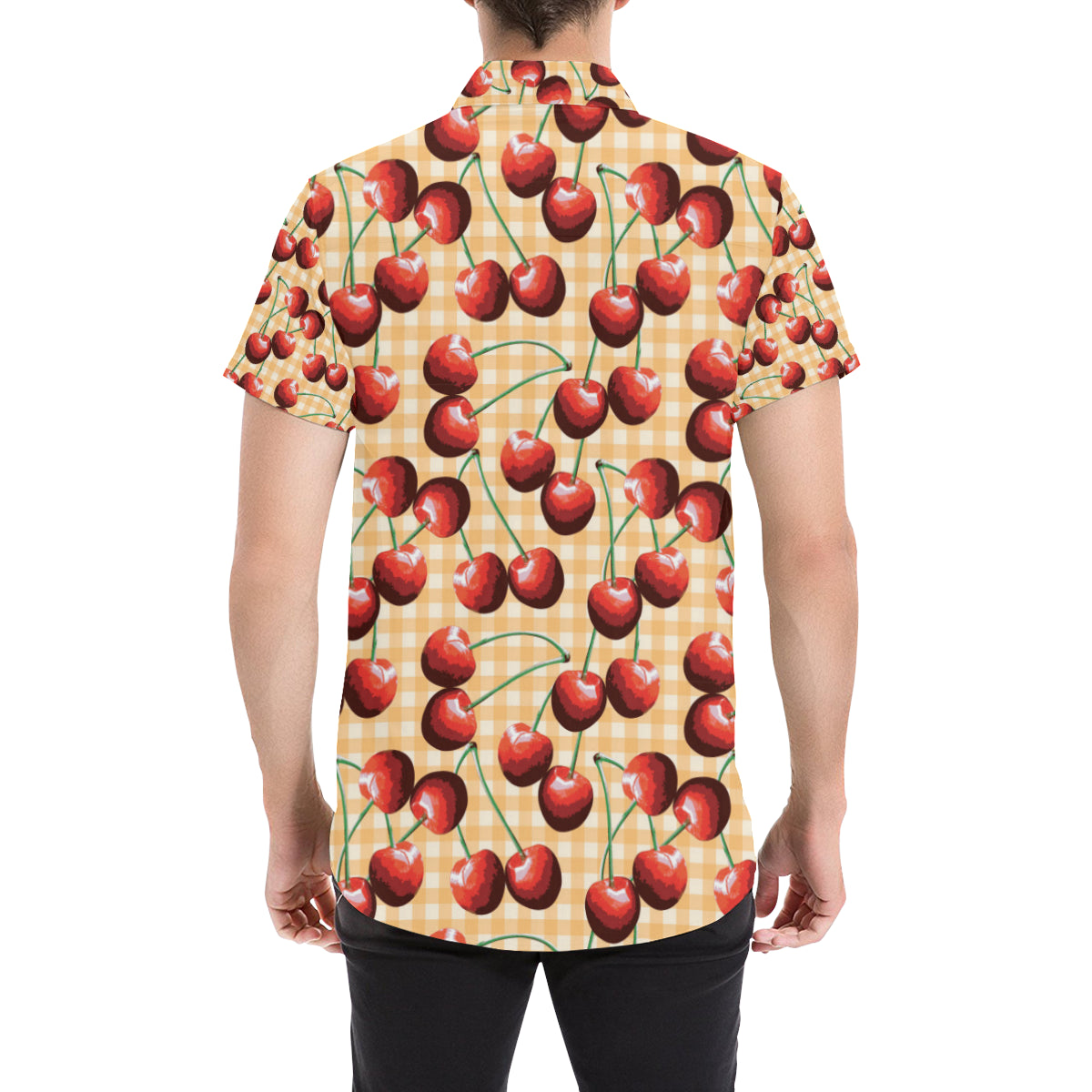 Cherry Orange Plaid Print Men's Short Sleeve Button Up Shirt