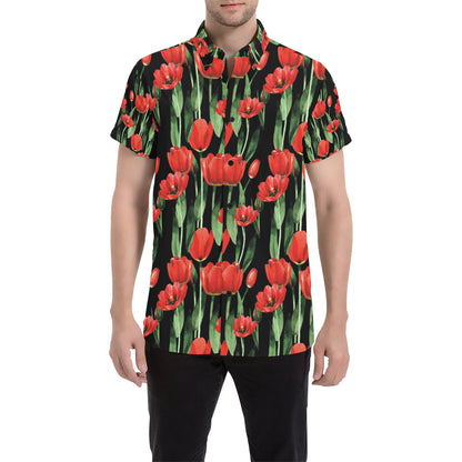 Tulip Red Pattern Print Design TP03 Men's Short Sleeve Button Up Shirt