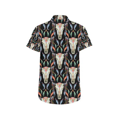 Buffalo Head Boho Style Pattern Print Design 01 Men's Short Sleeve Button Up Shirt
