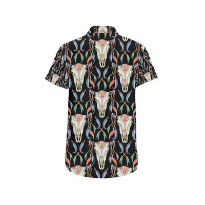 Buffalo Head Boho Style Pattern Print Design 01 Men's Short Sleeve Button Up Shirt