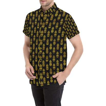 Pineapple Gold Tribal Style Print Men's Short Sleeve Button Up Shirt