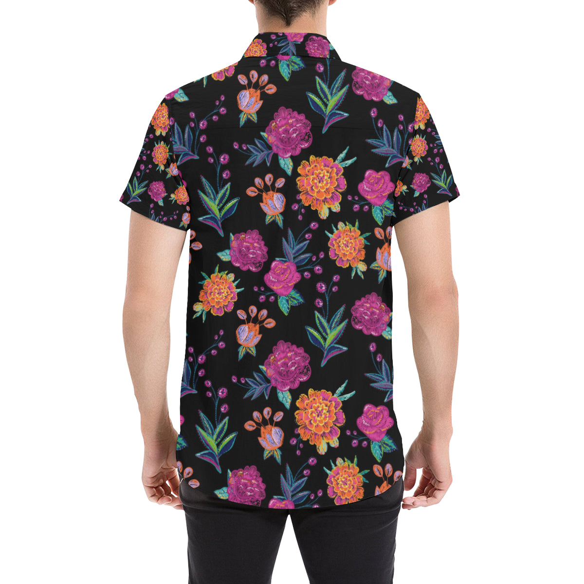 Marigold Pattern Print Design MR02 Men's Short Sleeve Button Up Shirt