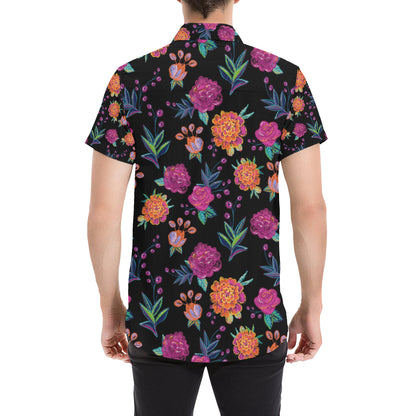 Marigold Pattern Print Design MR02 Men's Short Sleeve Button Up Shirt