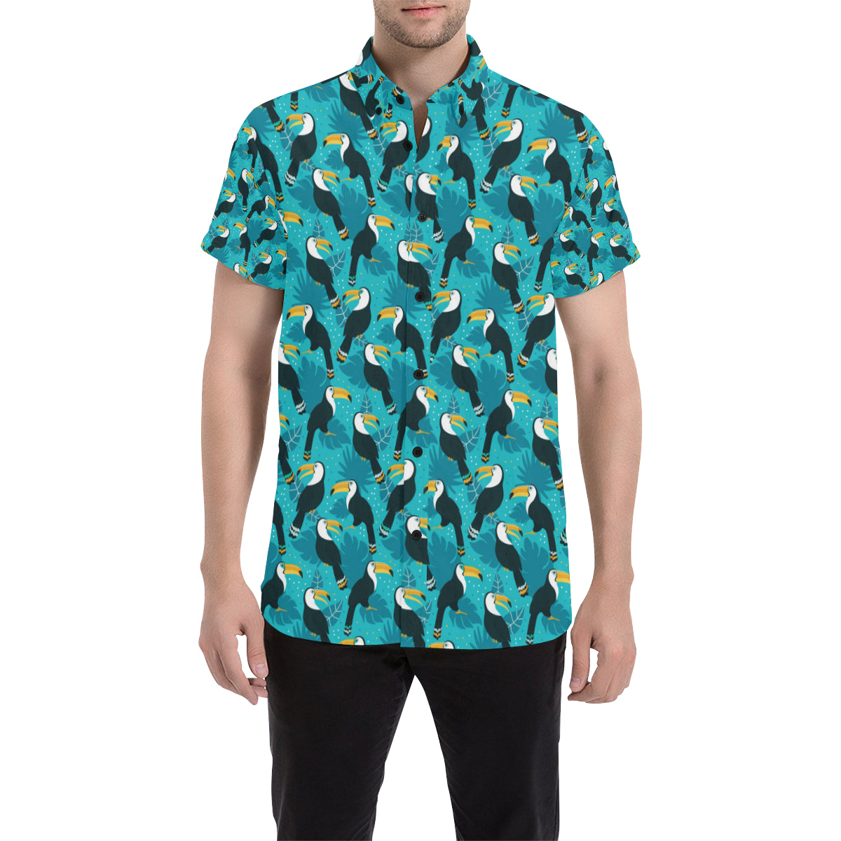 Toucan Parrot Pattern Print Men's Short Sleeve Button Up Shirt