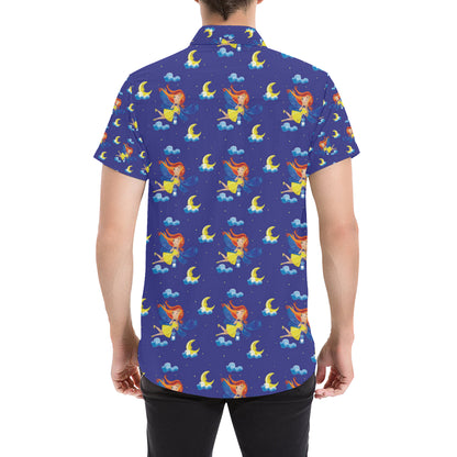 Fairy with Moon Print Pattern Men's Short Sleeve Button Up Shirt