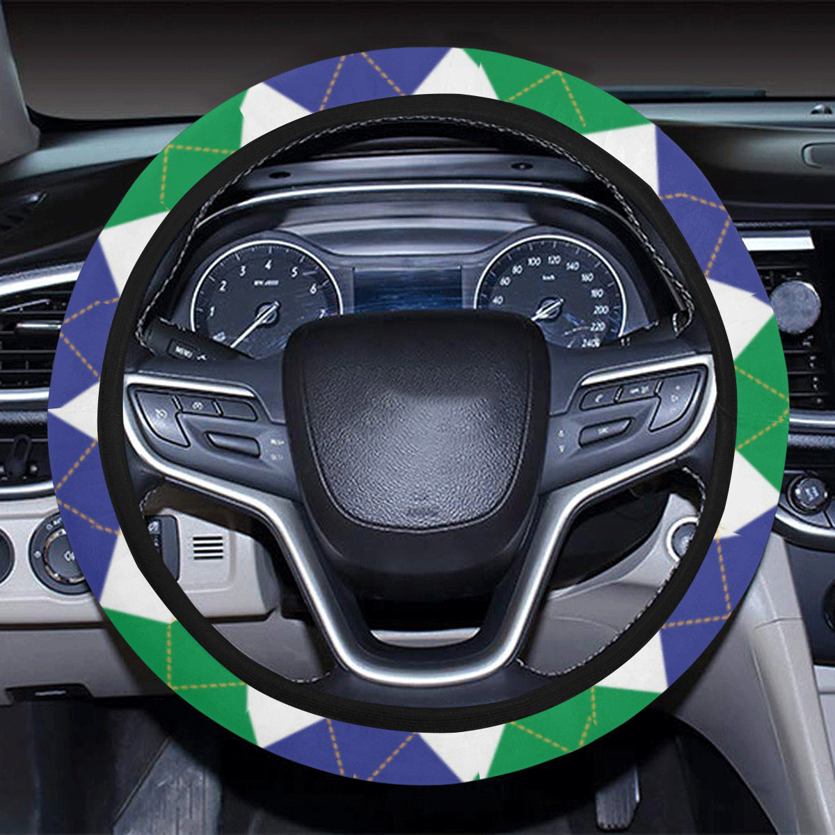 Argyle Green Blue Pattern Print Design 03 Steering Wheel Cover with Elastic Edge