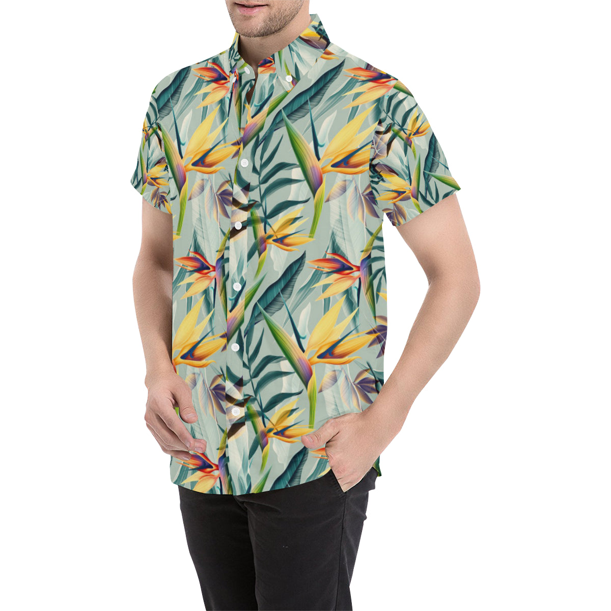Tropical Flower Pattern Print Design TF022 Men's Short Sleeve Button Up Shirt