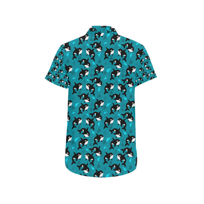Whale Sea Design Themed Print Men's Short Sleeve Button Up Shirt