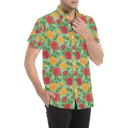 Dahlia Pattern Print Design DH011 Men's Short Sleeve Button Up Shirt