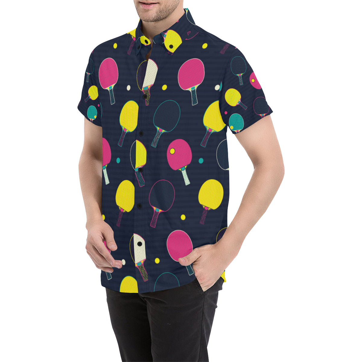 Ping Pong Pattern Print Design A04 Men's Short Sleeve Button Up Shirt