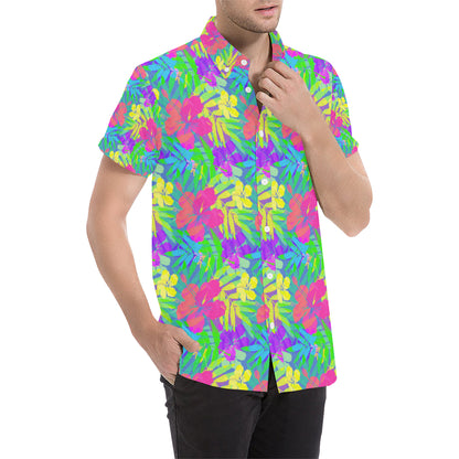 Neon Tropical Pattern Print Design A03 Men's Short Sleeve Button Up Shirt