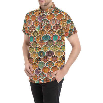 Mandala Mosaic Themed Design Print Men's Short Sleeve Button Up Shirt