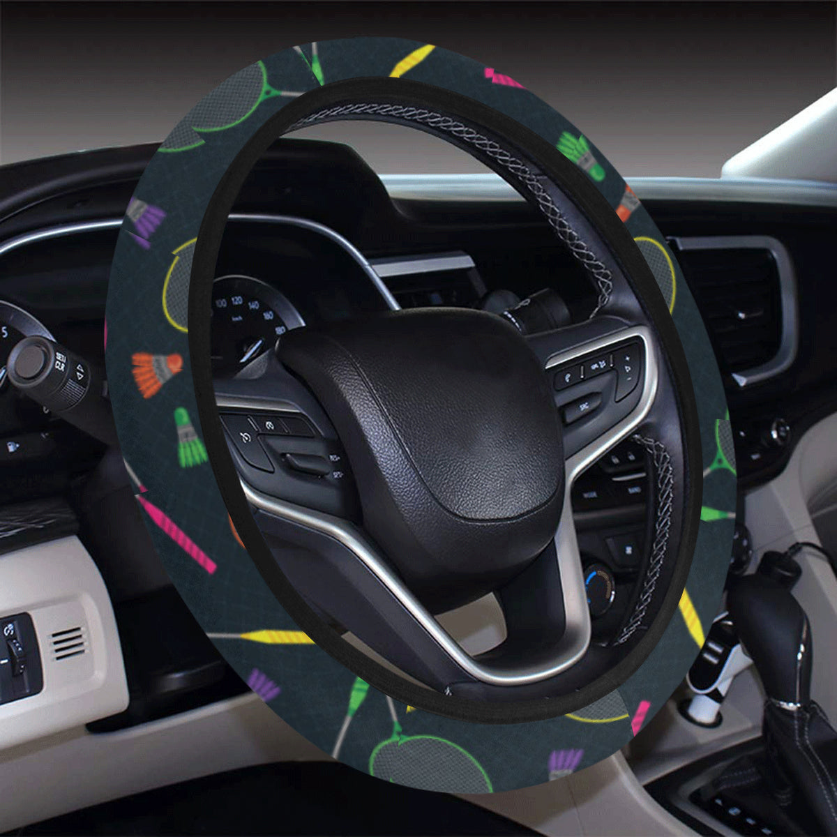 Badminton Pattern Print Design 04 Steering Wheel Cover with Elastic Edge