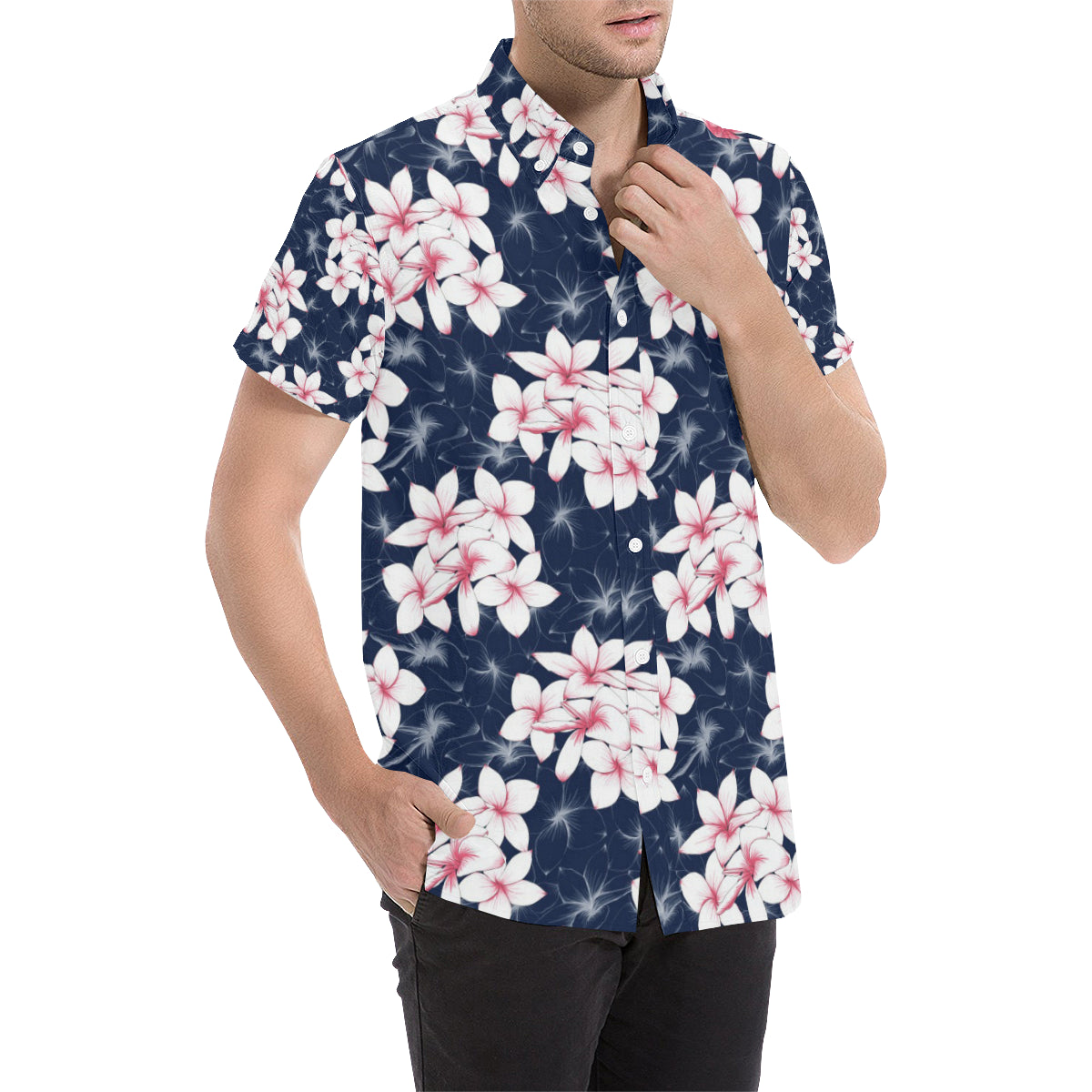 Plumeria Pattern Print Design PM017 Men's Short Sleeve Button Up Shirt