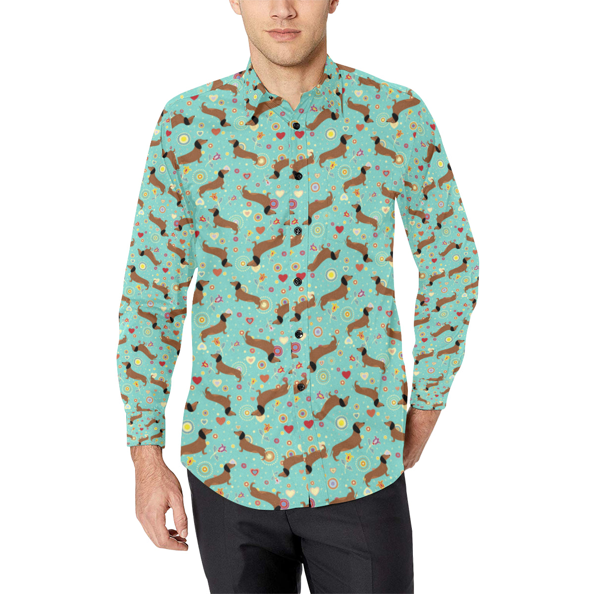 Dachshund with Floral Print Pattern Men's Long Sleeve Shirt