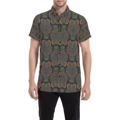 Owl Pattern Print Design A05 Men's Short Sleeve Button Up Shirt