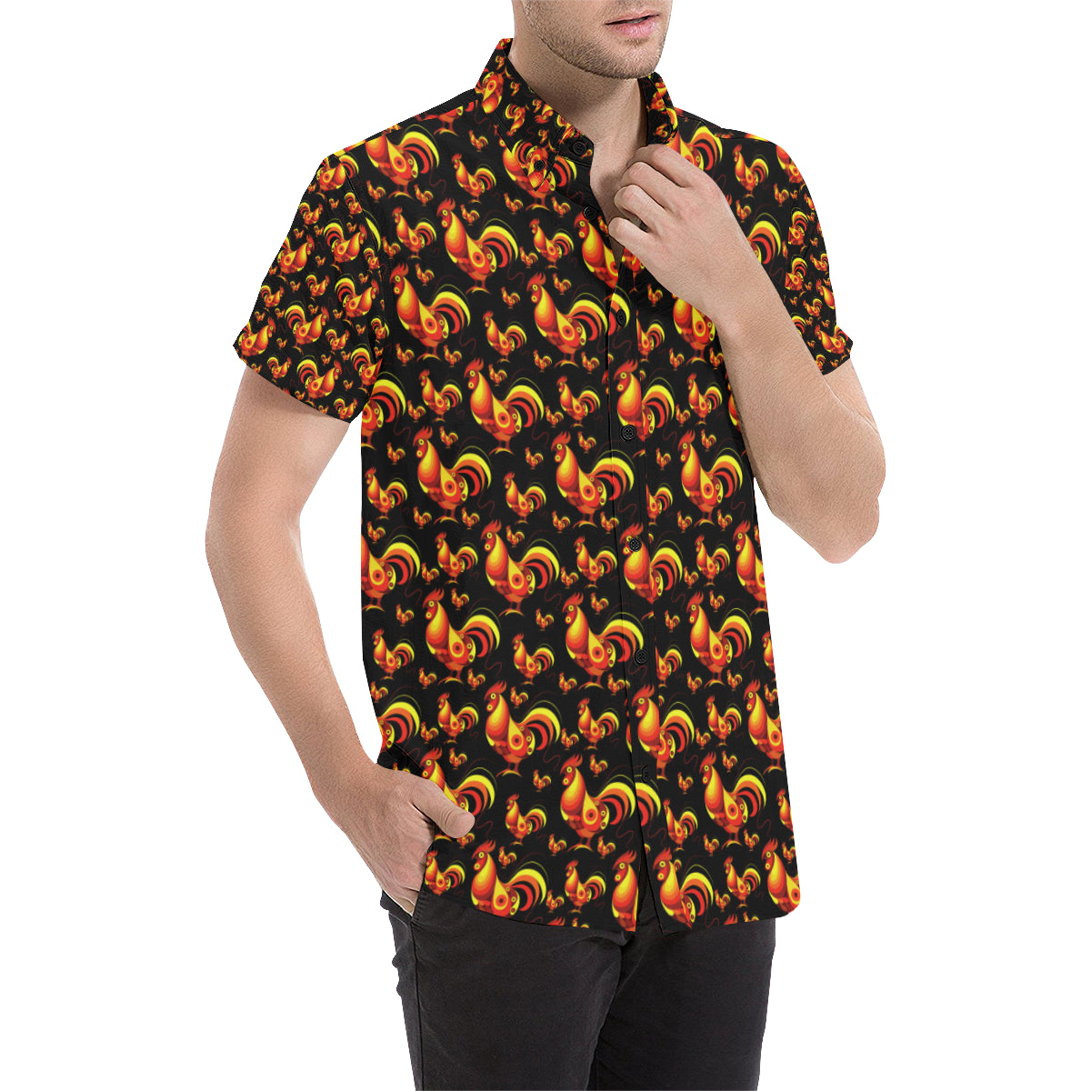 Rooster Print Themed Men's Short Sleeve Button Up Shirt