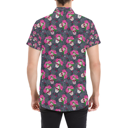 Sugar Skull Pink Rose Themed Print Men's Short Sleeve Button Up Shirt