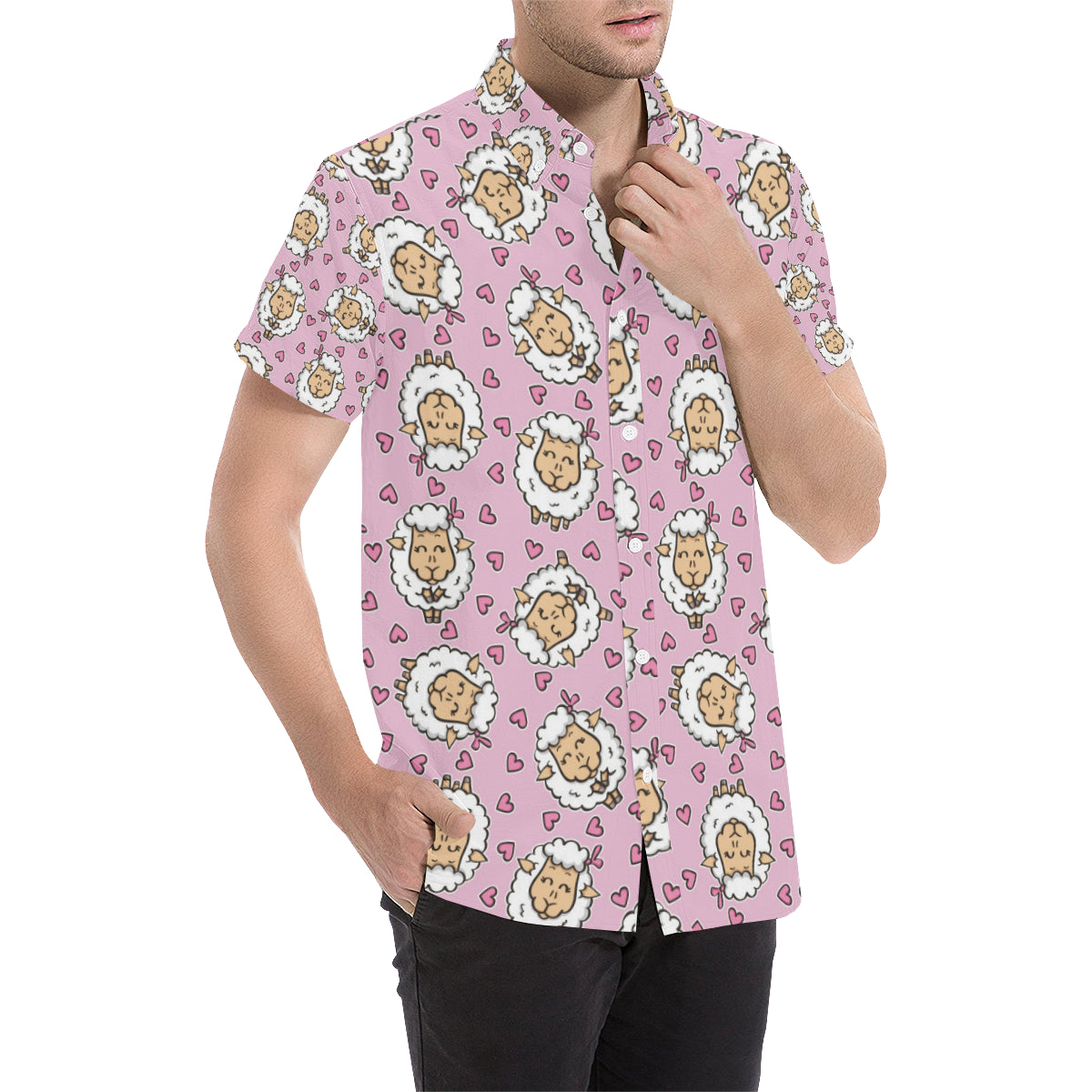 Sheep Cute Pattern Print Design 01 Men's Short Sleeve Button Up Shirt