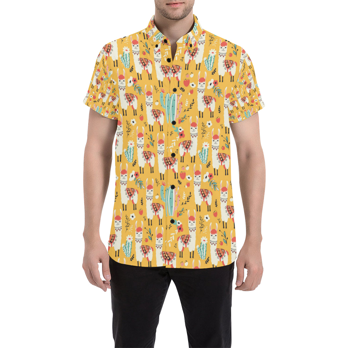 Llama Cute Themed Print Men's Short Sleeve Button Up Shirt