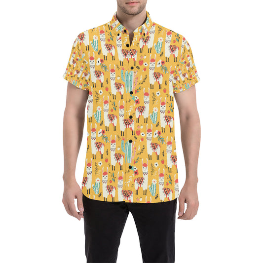 Llama Cute Themed Print Men's Short Sleeve Button Up Shirt
