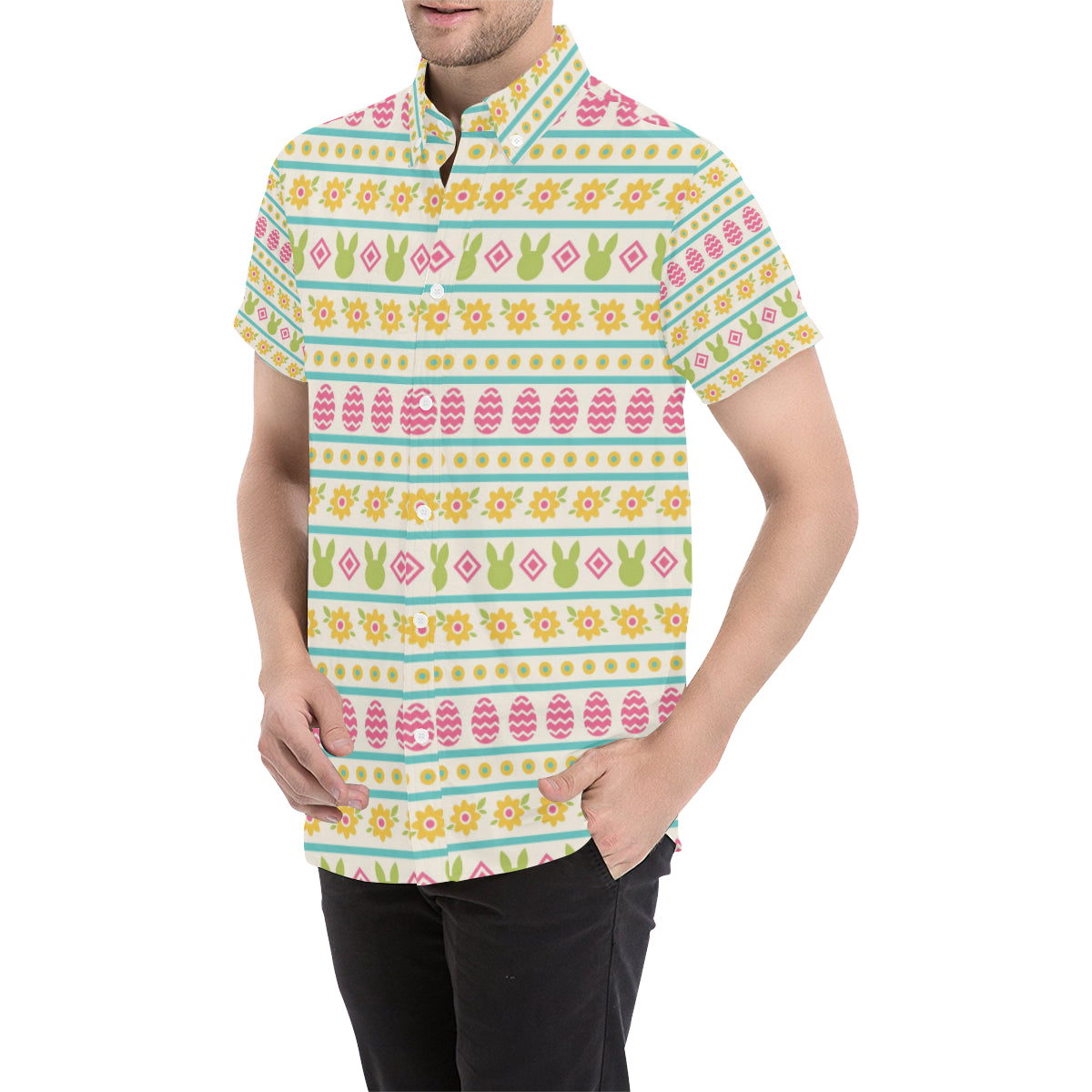 Easter Eggs Pattern Print Design RB016 Men's Short Sleeve Button Up Shirt