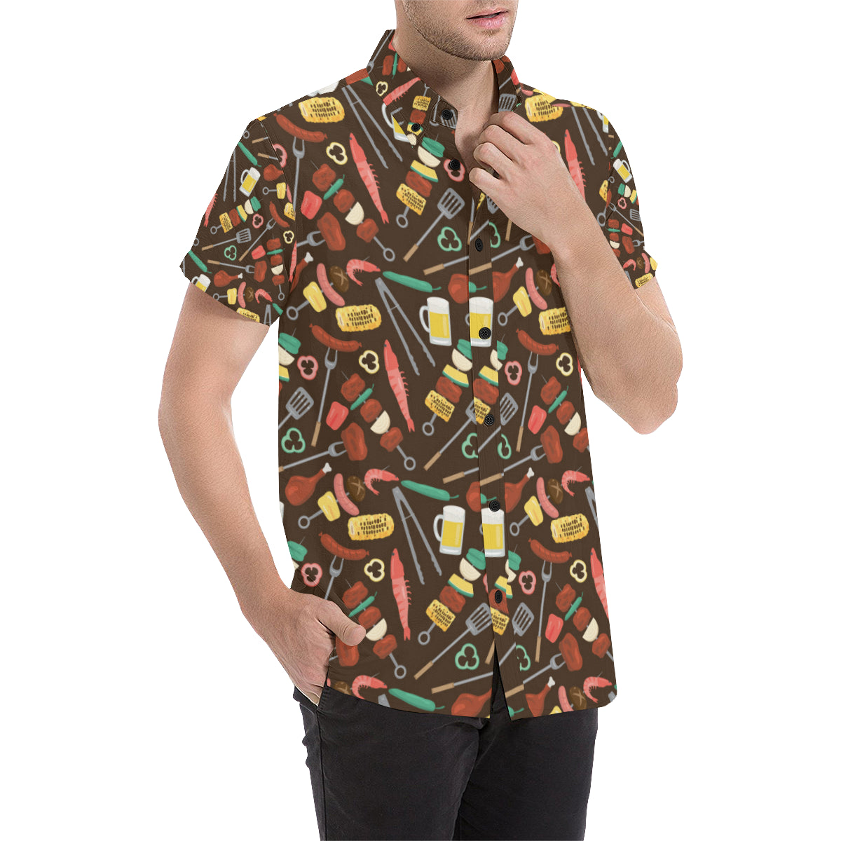 Barbecue Pattern Print Design 05 Men's Short Sleeve Button Up Shirt