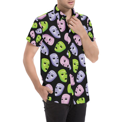 Acting Mask Pattern Print Design 04 Men's Short Sleeve Button Up Shirt