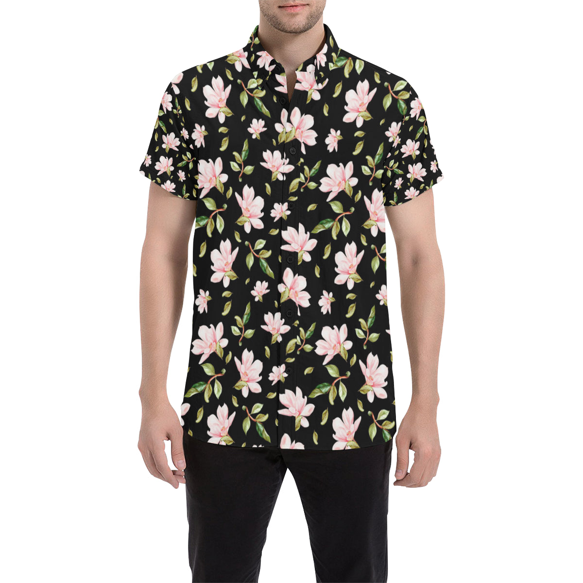 Magnolia Pattern Print Design MAG01 Men's Short Sleeve Button Up Shirt