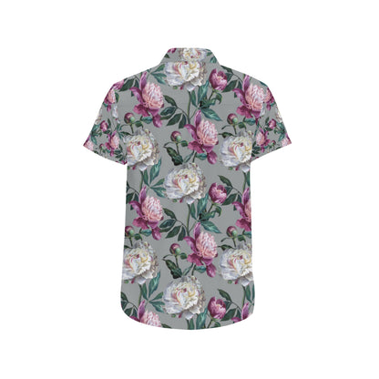 Peony Pattern Print Design PE01 Men's Short Sleeve Button Up Shirt