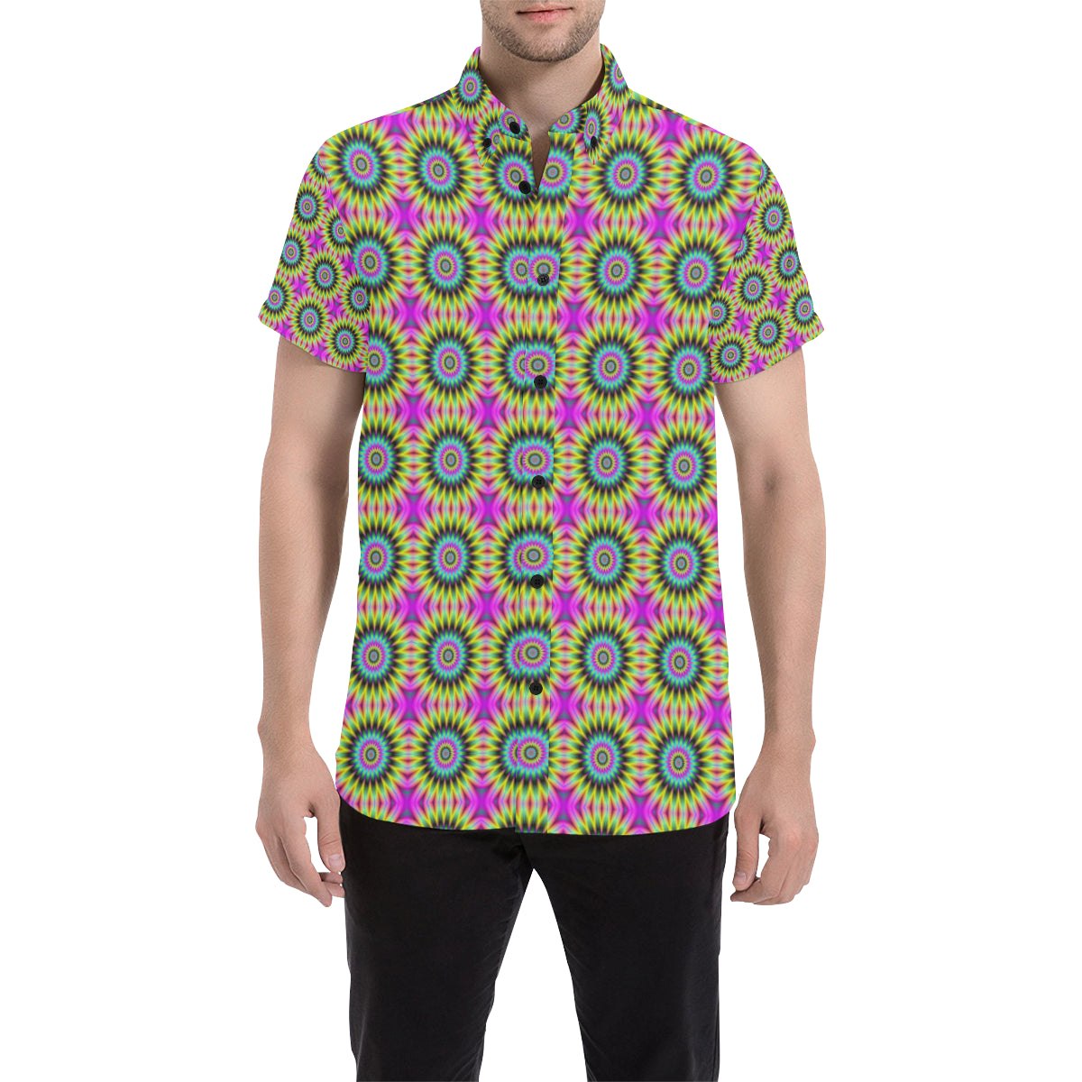 Optical illusion Flower Rainbow Style Men's Short Sleeve Button Up Shirt