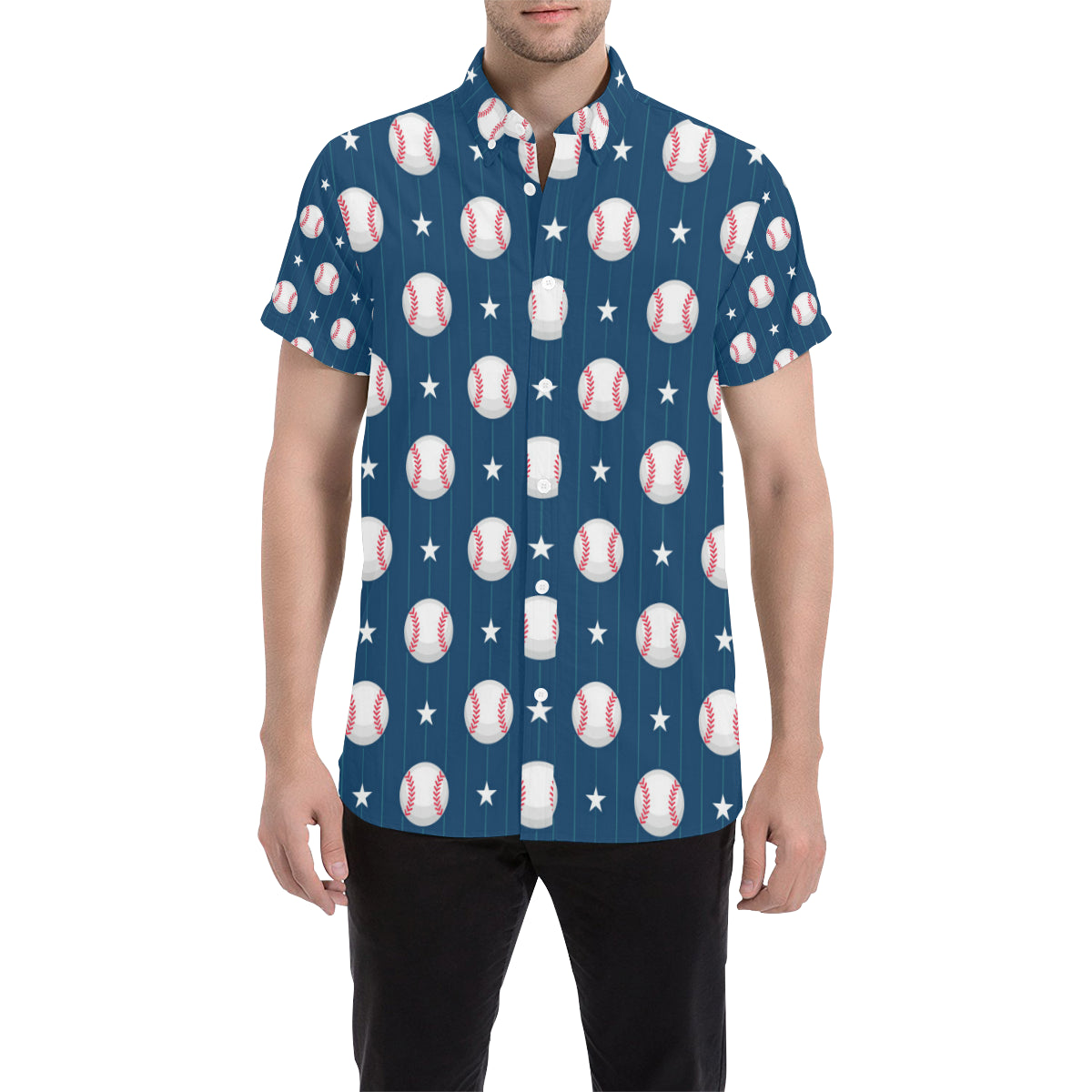 Baseball Star Print Pattern Men's Short Sleeve Button Up Shirt