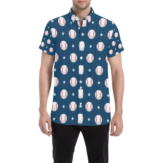Baseball Star Print Pattern Men's Short Sleeve Button Up Shirt