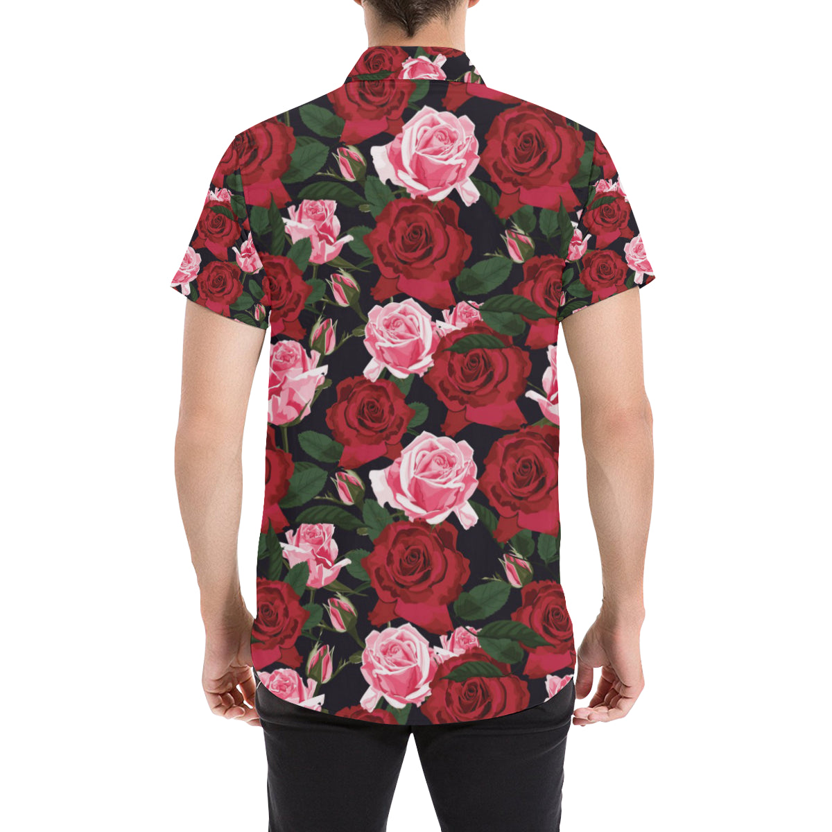 Rose Red Pink Pattern Print Design RO01 Men's Short Sleeve Button Up Shirt