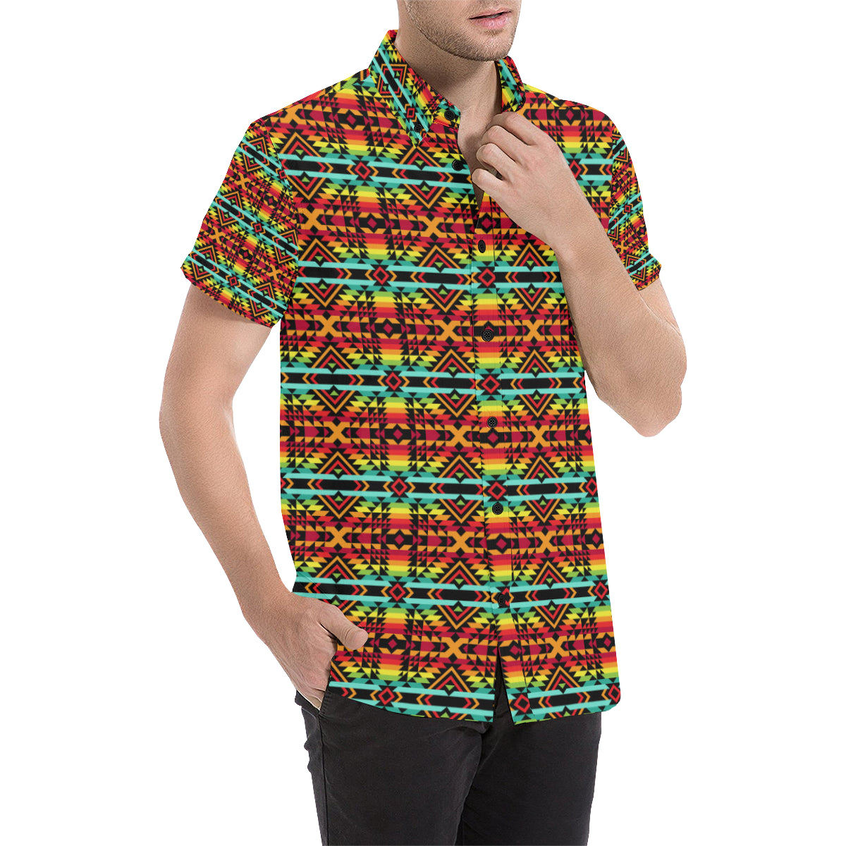 Kente Red Design African Print Men's Short Sleeve Button Up Shirt