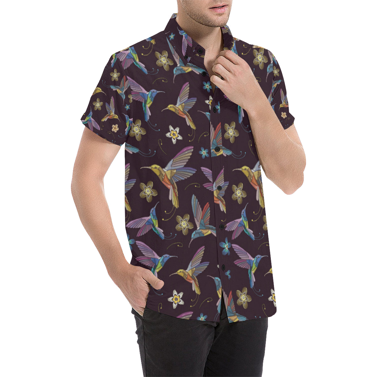 Hummingbird Pattern Print Design 04 Men's Short Sleeve Button Up Shirt