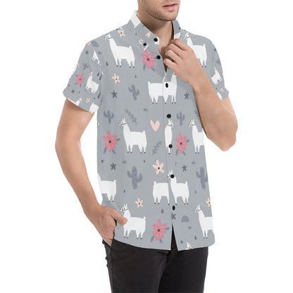 Llama Pattern Print Design 010 Men's Short Sleeve Button Up Shirt