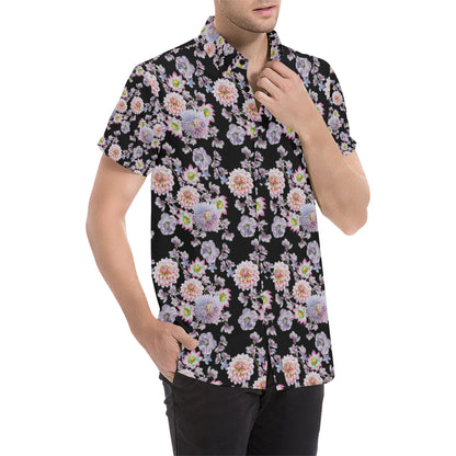 Dahlia Pattern Print Design DH012 Men's Short Sleeve Button Up Shirt