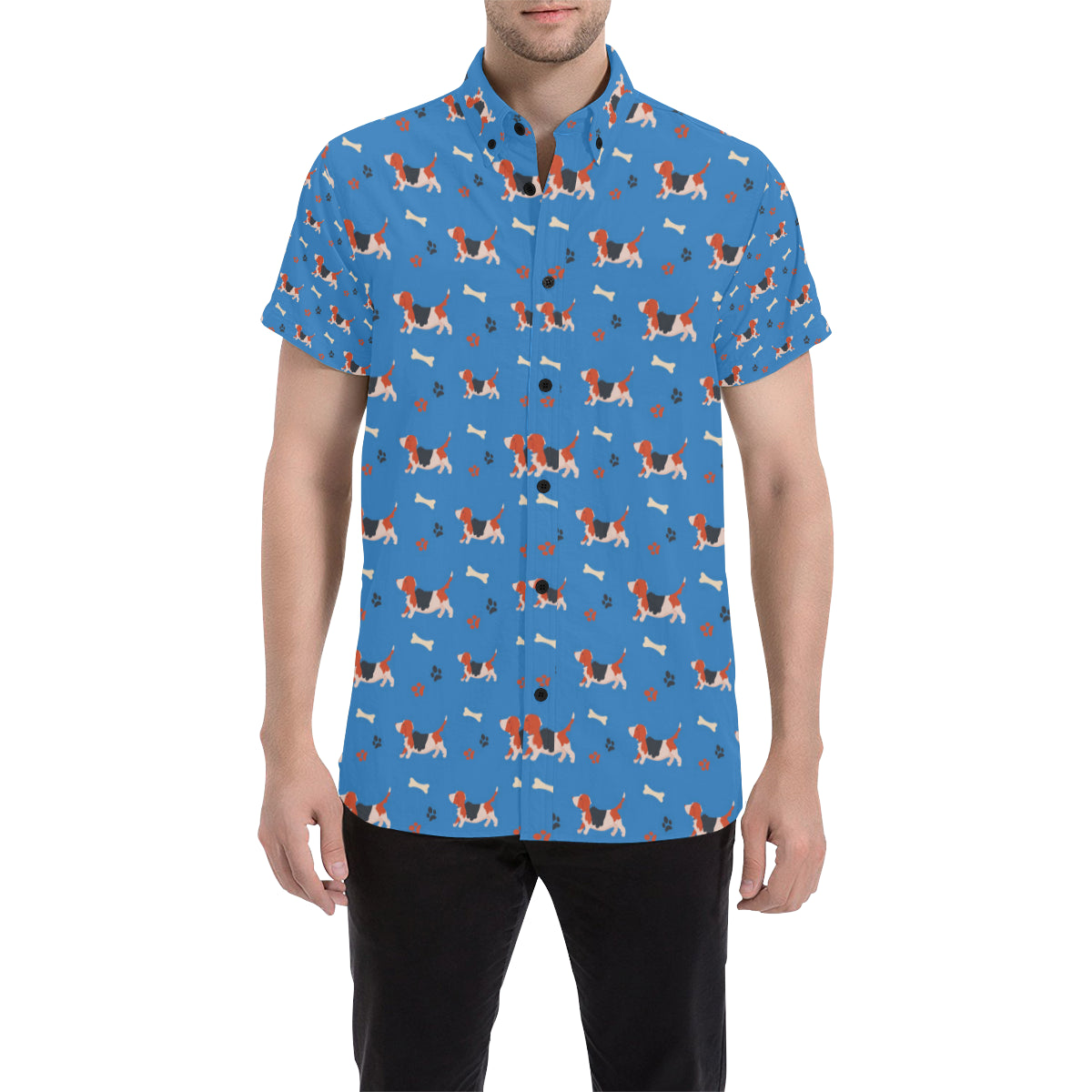Basset Hound Pattern Print Design 02 Men's Short Sleeve Button Up Shirt