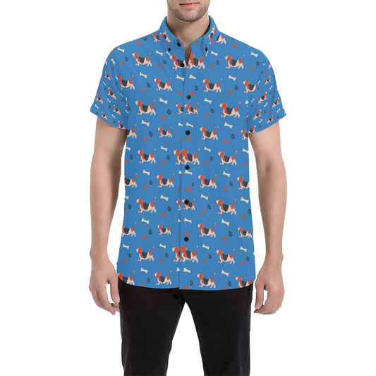 Basset Hound Pattern Print Design 02 Men's Short Sleeve Button Up Shirt