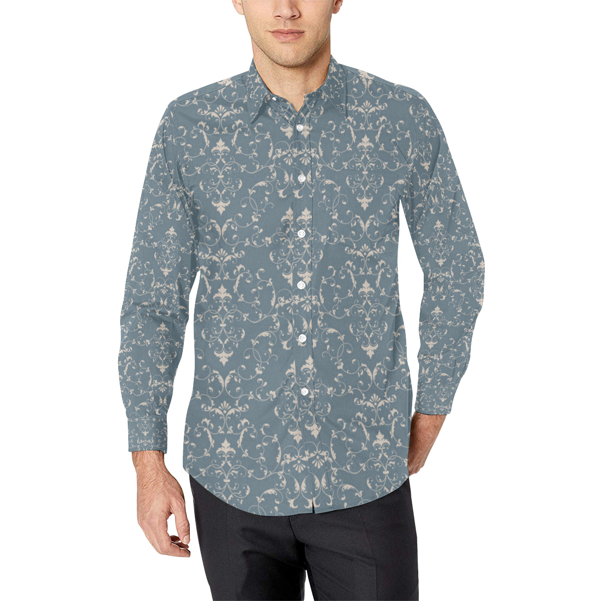 Damask Elegant Teal Print Pattern Men's Long Sleeve Shirt