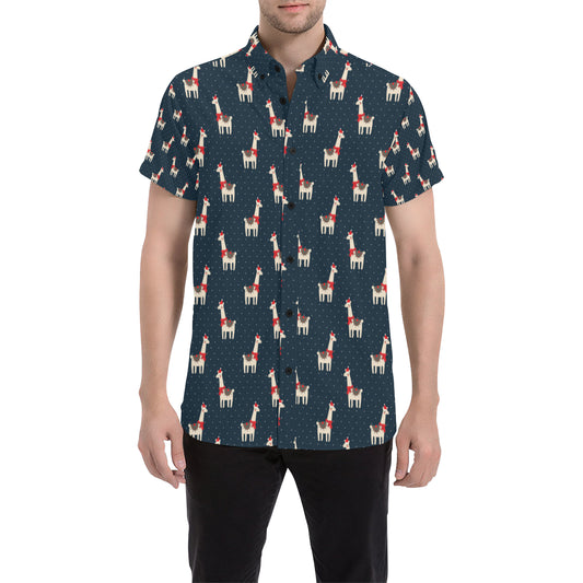 Llama with Polka Dot Themed Print Men's Short Sleeve Button Up Shirt
