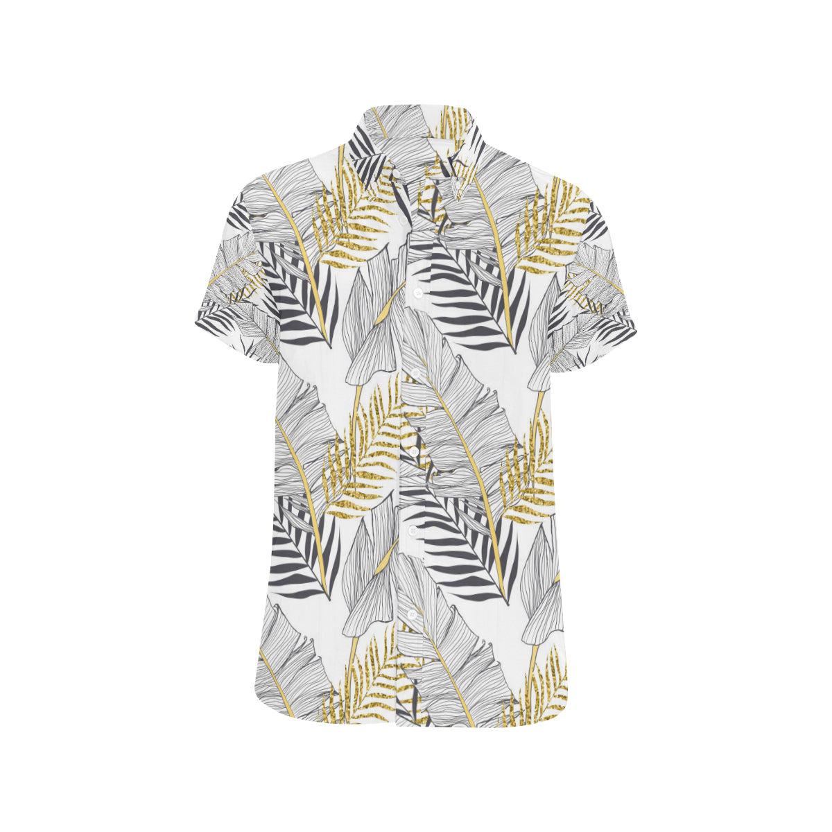 Gold Glitter Tropical Palm Leaves Men's Short Sleeve Button Up Shirt