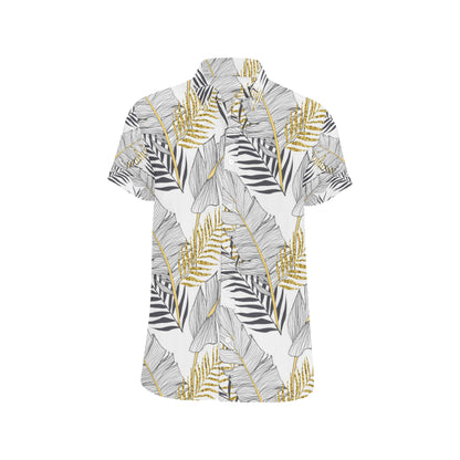 Gold Glitter Tropical Palm Leaves Men's Short Sleeve Button Up Shirt