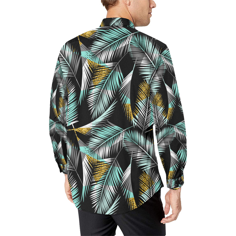 Gold Glitter Cyan Tropical Palm Leaves Men's Long Sleeve Shirt