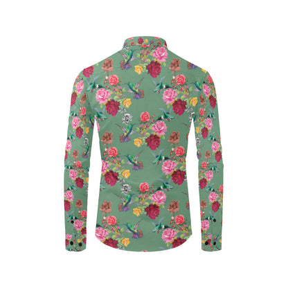 Hummingbird with Rose Themed Print Men's Long Sleeve Shirt